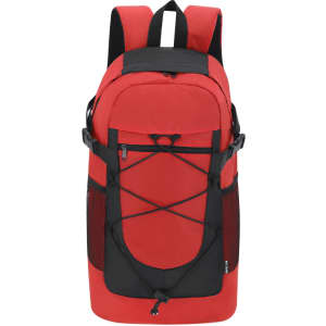 A red and black Zaroc Backpack featuring adjustable straps and a front bungee cord design, with mesh side pockets.