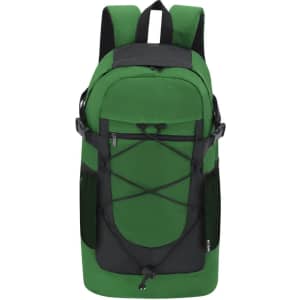 A green and black backpack featuring a front bungee cord design and side pockets. It has adjustable straps and a logo.
