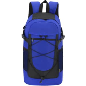 A blue and black backpack featuring adjustable straps and a front bungee cord design. It has a branding logo.