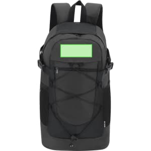 A black backpack with exterior bungee cord detailing and adjustable shoulder straps. It features a logo on the front.