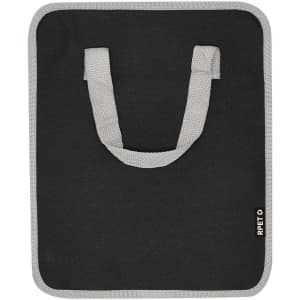 A black bag with grey handles, featuring a simple design and a logo on the side.