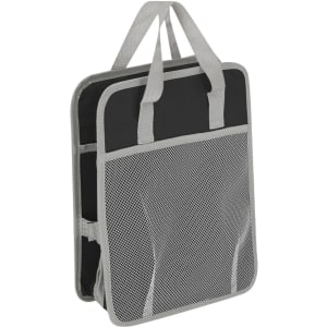 A grey and black mesh organiser bag with dual handles and one front pocket. It features a logo.