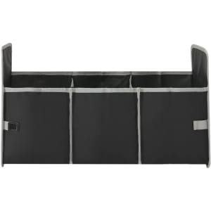 A grey organiser with multiple compartments, designed for storage. It features a simple, functional design and has a logo.