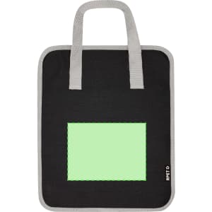 A black organiser bag with grey handles featuring a blank green insert area and a logo on the side.