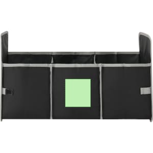 A black organiser with grey accents featuring multiple compartments for storage. It has a blank square area and a logo.