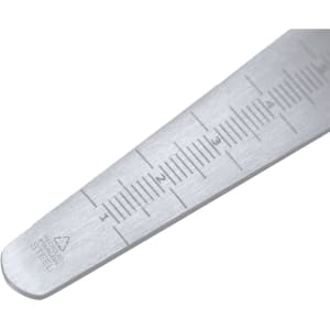 A stainless steel measuring tool with clear markings and a logo. The design is sleek and functional.