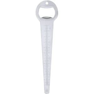 A drink bottle opener with a silver metallic finish and a gauge for measuring seed depth. Features a logo on the handle.
