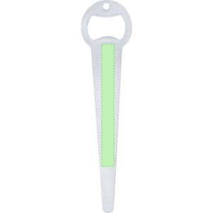A drink bottle opener and seed depth gauge in silver with a green accent, featuring a logo.