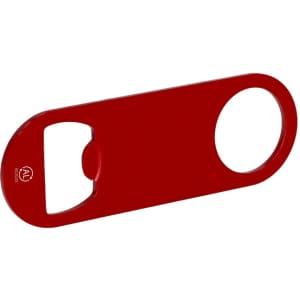 A red bottle opener with a circular opening and a lever for lifting bottle caps, featuring a logo.