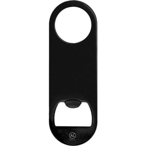 A drink bottle opener in sleek black with a circular handle and a bottle cap remover at the bottom. Features a logo.