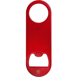 A red bottle opener with a circular top and a flat base, featuring a logo. Suitable for keyrings and tools.