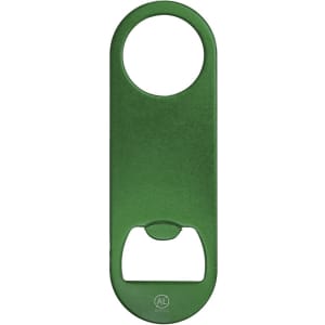 A green bottle opener with a circular hole and a levered opening mechanism, featuring a logo.