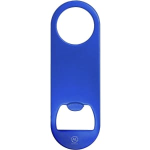 A blue drink bottle opener keyring featuring a circular handle and a bottle cap remover. It includes a logo.