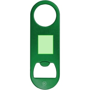 A green drink bottle opener with a round hole at the top and a flat section in the middle. It includes a logo.