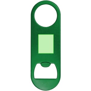 A green bottle opener featuring a circular hole and a flat section for logo placement.