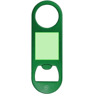 A green bottle opener with a circular opening and a flat surface for branding or customisation.