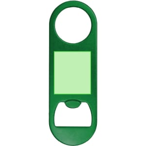 A green bottle opener keyring featuring a circular opening and a rectangular display area, with a bottle opener at the bottom.