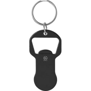 A drink bottle opener keyring in black with a circular metal ring and a small logo on the handle.