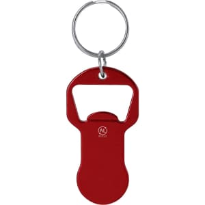 A drink bottle opener keyring in red with a circular metal keyring and a branding logo.