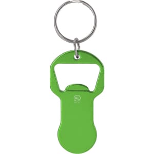 A green metal bottle opener keyring with a circular keyring attachment and a simple design.