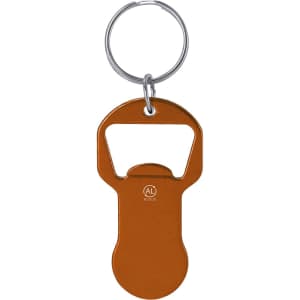 A drink bottle opener keyring in a vibrant orange colour, featuring a circular keyring and a logo.