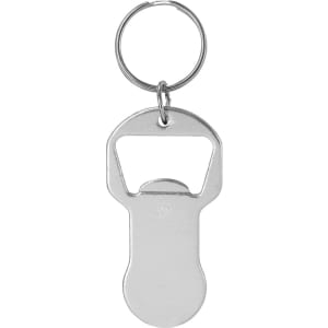 A drink bottle opener keyring in silver metal, featuring a loop for attachment. It includes a branding logo.