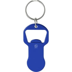 A drink bottle opener keyring in a vibrant blue colour, featuring a metallic finish and a keyring attachment.