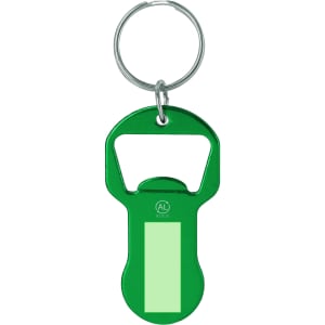 A green bottle opener keyring with a shiny finish and a circular keyring attachment. It features a branding logo.
