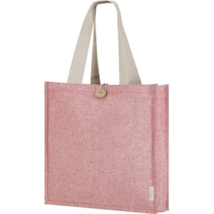 A pink tote bag with cream handles and a fastener, featuring a logo on one side.