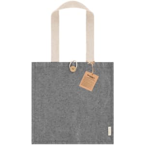 A grey tote bag featuring light-coloured straps and a tag, with a small logo on one side.