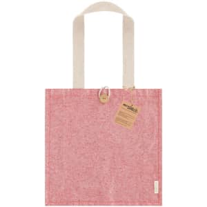 A red tote bag with a textured finish and contrasting cream-coloured handles. It features a wooden button detail.