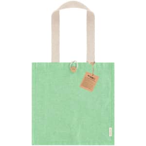 A mint green tote bag with beige straps, featuring a tag and a logo.