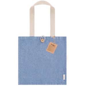 A blue tote bag with beige handles, featuring a tag and a logo on the side.