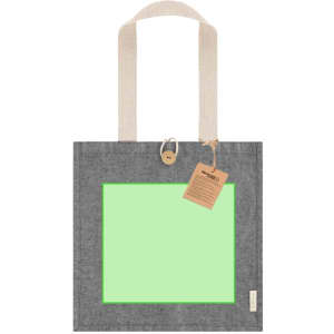 A grey tote bag with beige straps features a large green panel and a tag. It also has a logo.