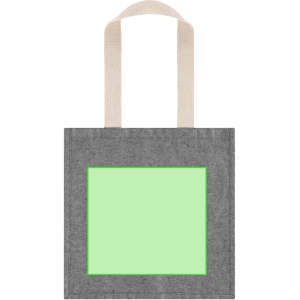 A grey tote bag with a green rectangular area and cream-coloured straps, featuring a logo.