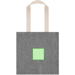 A grey tote bag with light green square and cream-coloured handles, featuring a logo on the front.