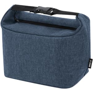 A cooler bag in a dark blue fabric with a zip closure and an adjustable strap. It features a logo on the side.