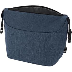 A navy blue cooler bag with a zip closure, featuring a logo and a spacious interior.