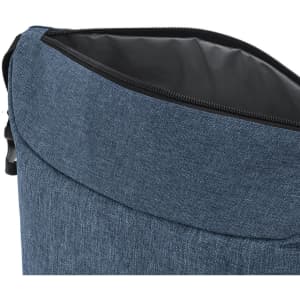 A blue cooler bag with a zippered top and a lined interior, featuring a textured fabric.