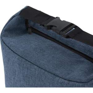 A blue cooler bag featuring a zippered opening and an adjustable strap. It has a simple design and includes a logo.