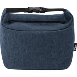 A cooler bag in a dark blue fabric, featuring a top closure and a sturdy strap. It includes a logo on the side.