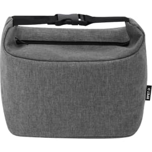 A grey cooler bag with a zippered top and an adjustable strap, featuring branding on the side.