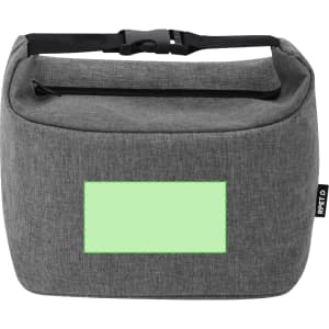 A grey cooler bag with a secure top closure and an adjustable strap. It features a logo on the side.