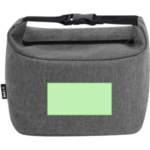 A grey cooler bag with a black adjustable strap and a blank area for branding or personalisation.