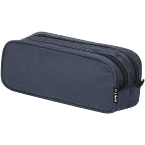 A navy pencil case featuring two compartments, with a logo on the side and zipper closures.