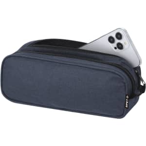 A navy pencil case with dual zippers, featuring a smartphone partially placed inside, and a logo on the side.