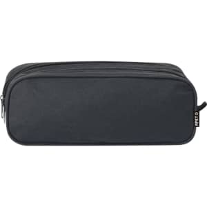 A black pencil case with a zip closure, featuring a small branding logo. Suitable for office and business use.