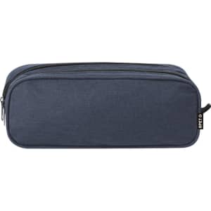 A navy pencil case with a zip closure and a logo, designed for office and business use.
