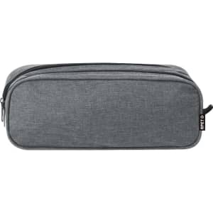 A grey pencil case with a smooth texture and a double zip closure, featuring a branding tag on the side.