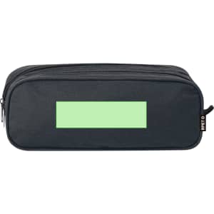 A black pencil case with a mint green rectangular panel and a branded logo. It features a zip closure.